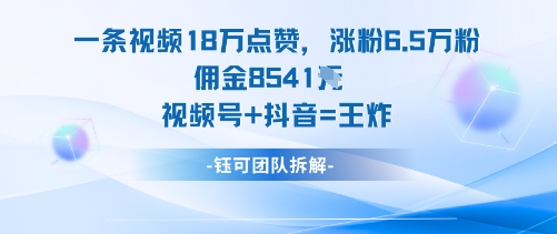 一条视频18W点赞，涨粉6.5W粉佣金8541米，视频号+抖音=王炸 图片