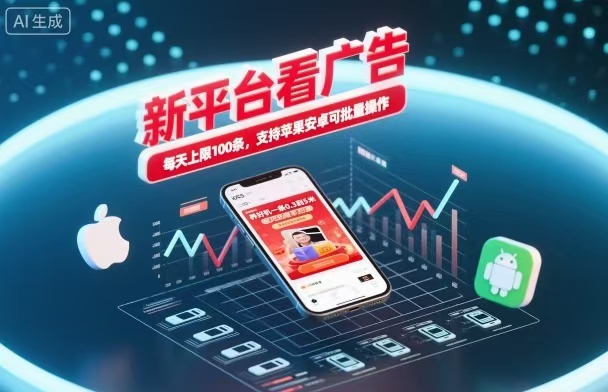 新台看广告，养好机一条5毛到5块，单机日入30到100，支持苹果安卓，可批量操作。 图片